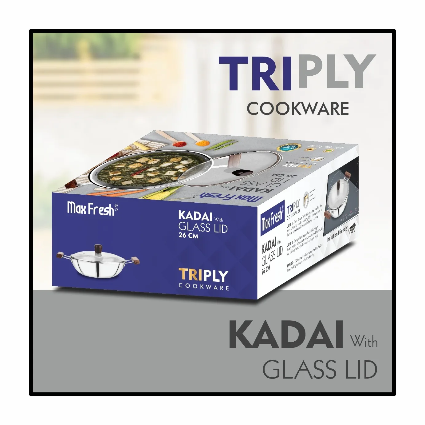 Maxfresh Premium Triply Cookware Set with Attractive Glass Lid and Wooden Handle Modern Design Sustainable Metal Kadai