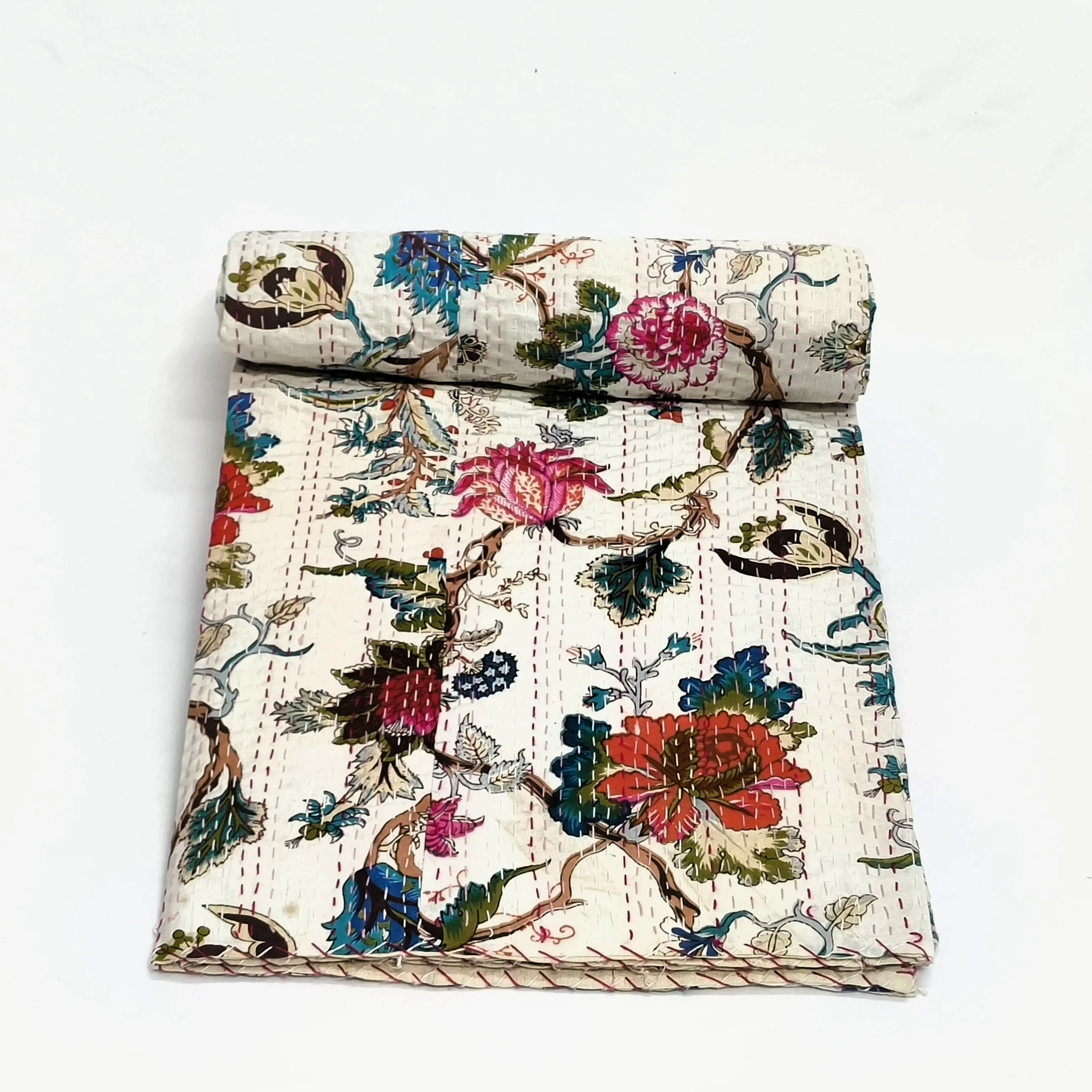 Handmade Vintage Reversible Bedspread Embroidered Patchwork Kantha Quilts for Home & Hotel Decor Filled Cotton Adults Travelers