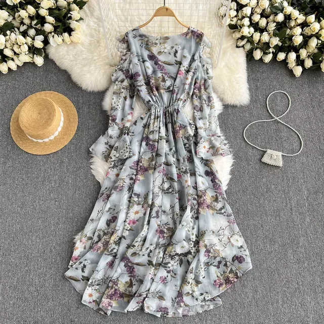 Long Sleeve O-Neck Solid A-Line Dress Autumn Floral Print High Waist Maxi Dress Ladies Elegant Dresses Clothes Women Wholesale