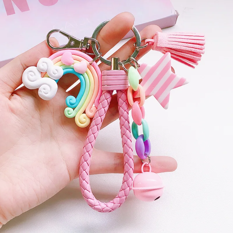 Factory custom Logo Lovely Rainbow Keychain Lollipop Star Tassel Leather Strap Braided Rope Cute Keychain for Girls