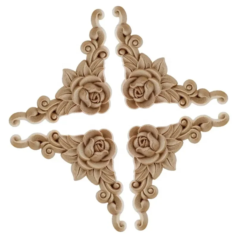 4 pcs Natural Floral Wooden Figurines Crafts Wood Carved Corner Appliques Frame Wall Door Furniture Wooden Carving  Decor Decal