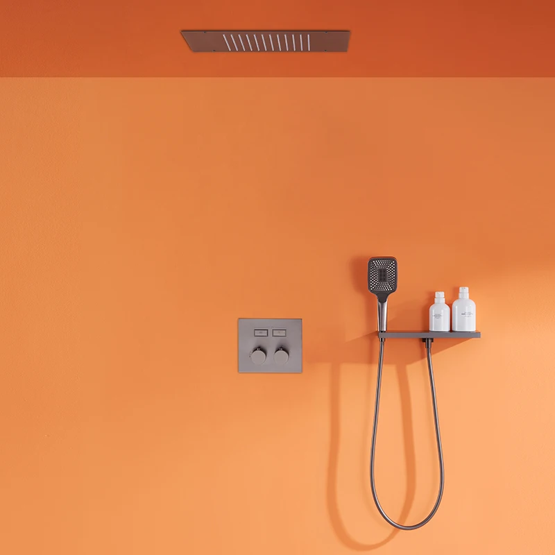 Luxury Modern Bathroom Brass Rain Shower Set In-Wall Concealed Thermostatic Smart Bath Concealed Gun Grey Jet Soft Spray Brushed