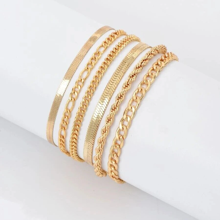 Wholesale 6pcs Miami Cuban Chain Bracelets Bangle Flat Snake Stacking 18K Gold Plated Stainless Steel Bracelet Women Jewelry