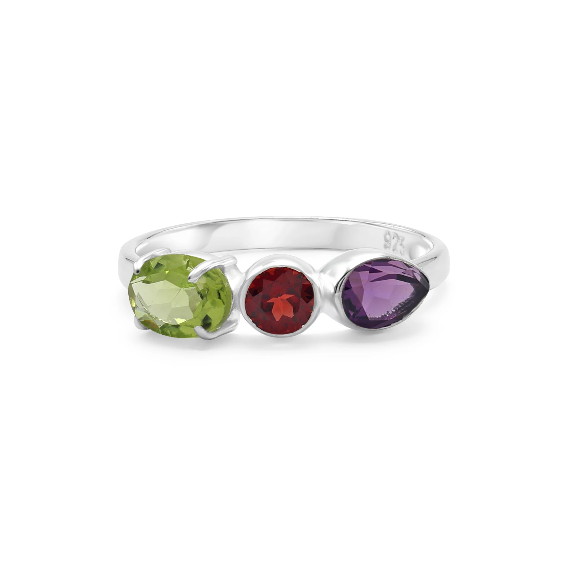 Trendy 925 Sterling Silver Oval Round Pear Cut Natural Peridot Garnet Amethyst Faceted Gemstone Band Ring Fine Jewelry For Women