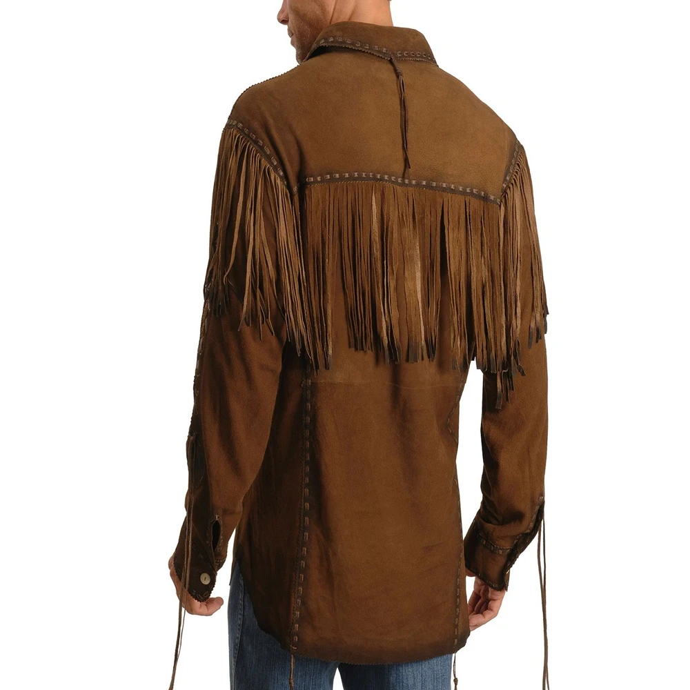 Western Style Cowboy Style Fringed & Beaded Hand Made Work Cow Suede Men Leather Shirt / Cowboy Suede Leather Jacket