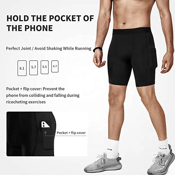 Top Quality Custom Logo Compression Sports Side Mobile Pockets Mens Women Shorts GYM Running Athletic Tight Stretchable Short