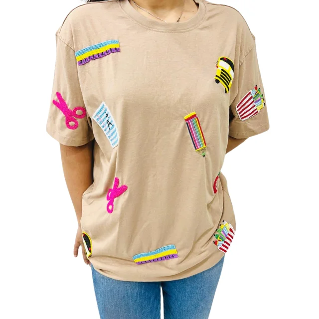 Fashion Luxury 100% Cotton Back-to-school T-shirt Custom Summer Casual Women O-Neck Beadwork T-shirts