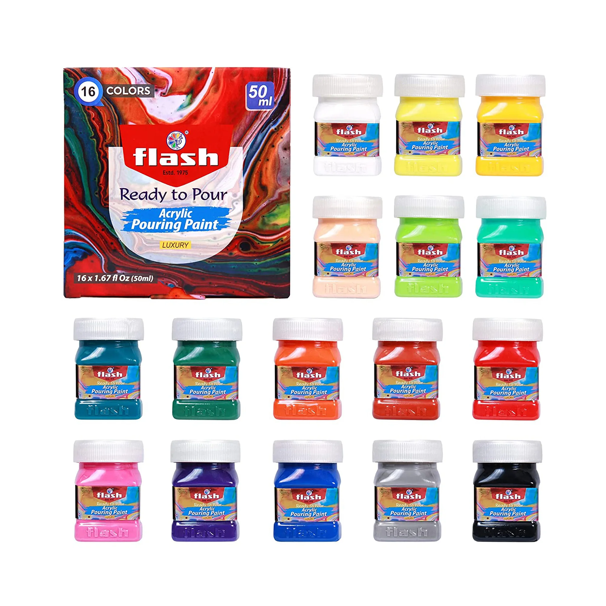 Flash Ready to Pour Acrylic Pouring Paint Set 50ml x 16 Colors Pre-mixed Paint Non Toxic paint