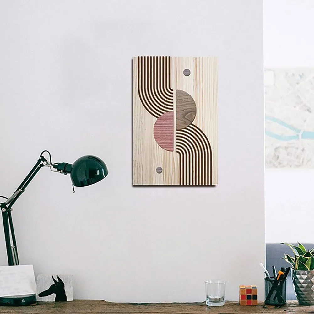 wall hanging painting tulips geometric line round wood for wall decor