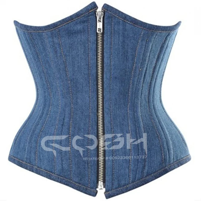COSH CORSET New Design Of Underbust Steelboned Blue Denim Corset Stitched With Golden Thread Sexy Women Zipper Outfit