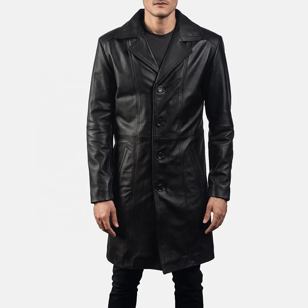 New Long Jet Black Leather Coats Fully customized With Front Style Double-breasted Buttons Belt Collar Style Shirt Center Back V