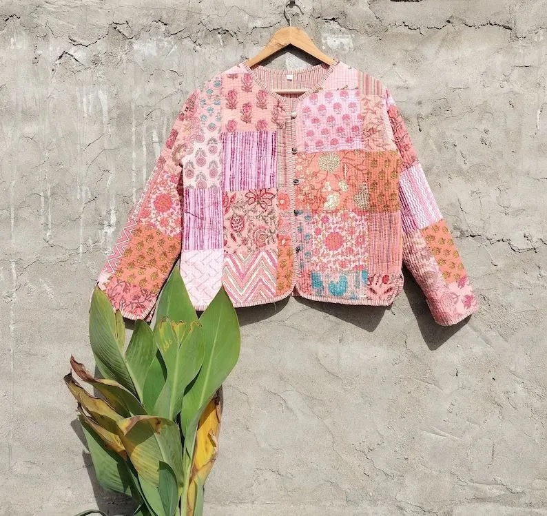 Handmade Patchwork Jackets Indian Cotton Winter Jacket Coat Bohemian Style Unisex Short Quilted Jacket