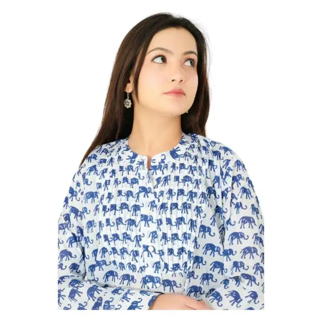 Casual women top block print shirt summer wear handmade cotton blouse full sleeve