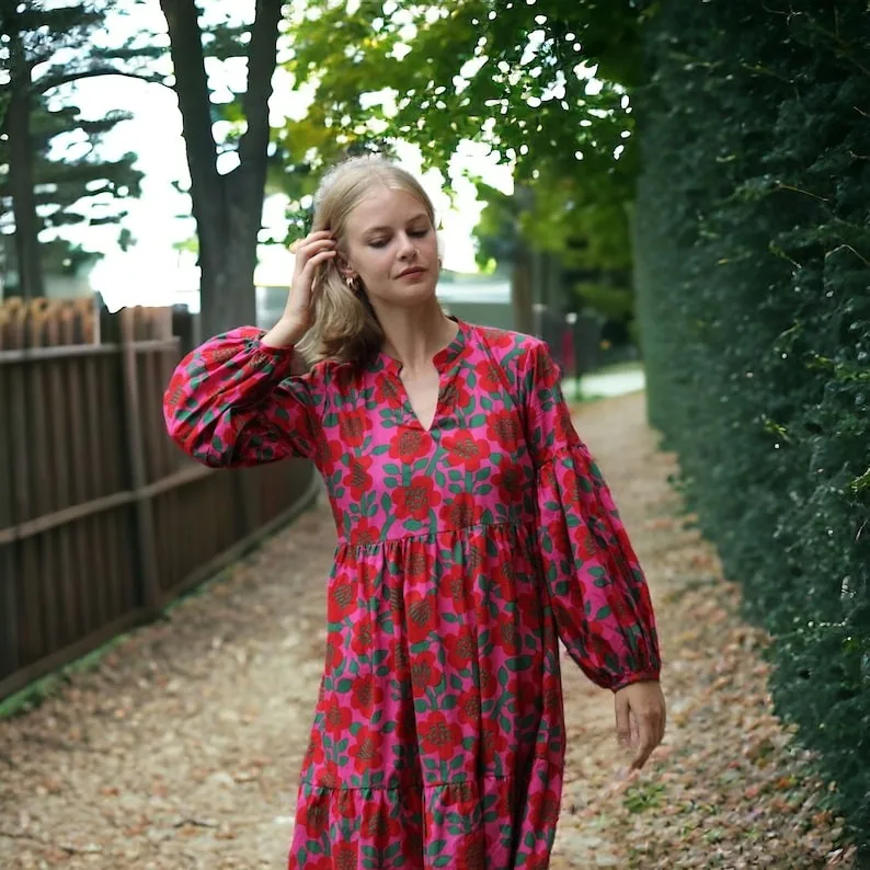 Indian Ethnic Floral Cotton Maxi Dress Bohemian Style with Hand Block Print and Long Bell Sleeves Casual Dresses for Women