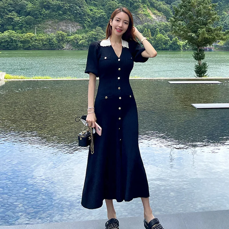 FRX Y8177 2024-Fashion Polo V-Neck Bubble Sleeve Single Breasted Knitted Long Dress Summer Elegant Knit Long Dresses