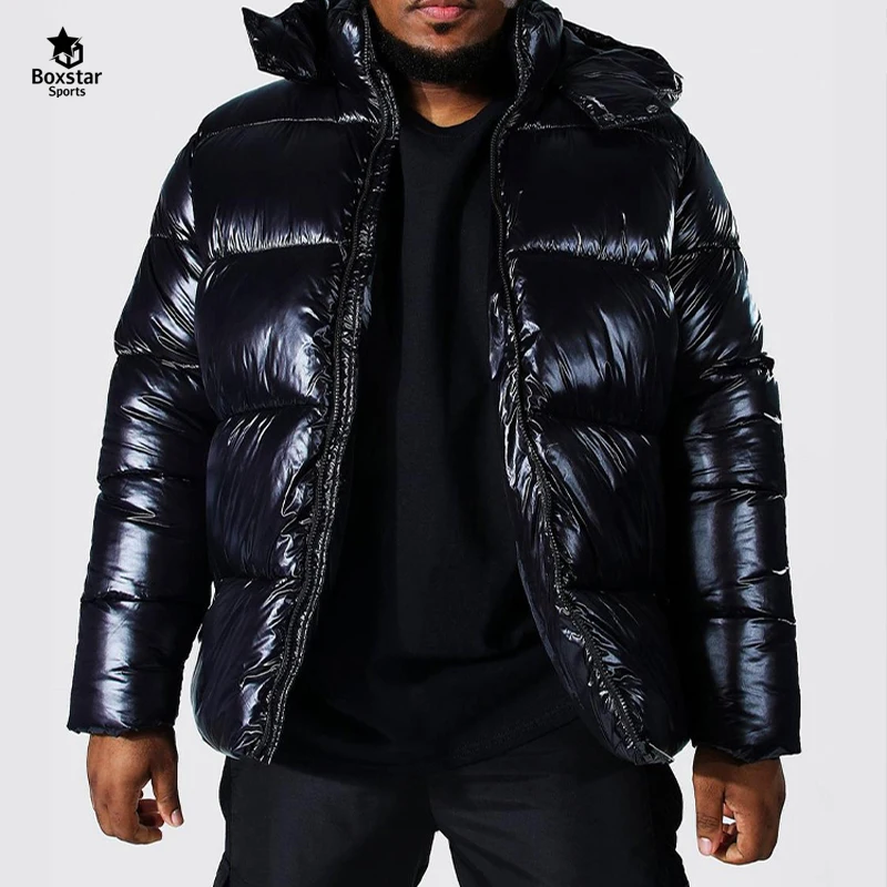 Designer High Quality Coat Hooded Black Shiny Jacket Men Winter Bubble Puff Custom Heavy Shinny Puffer Plus Size Jacket For Men