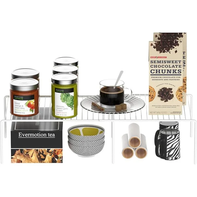 Modern Cabinet Storage Shelf Rack: Expandable Rustproof Metal Organizer for Kitchen Counters and Cabinets