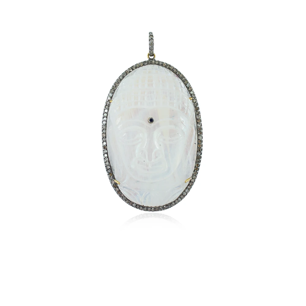 Natural Rainbow Moon Stone 925 Silver Diamond Carved Buddha Pendant With Chain Oxidized Necklace14k Gold Sapphire Gemstone