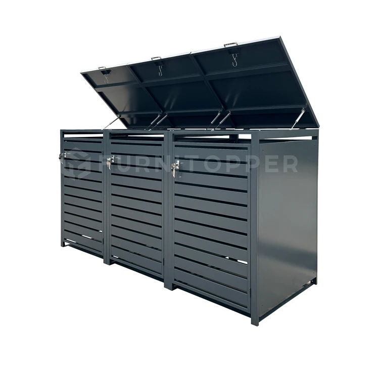 Wood Grain Door Metal Trash Can Shelter Cabinet Galvanized Steel Wheelie Bin Shed Box with Folding Lid