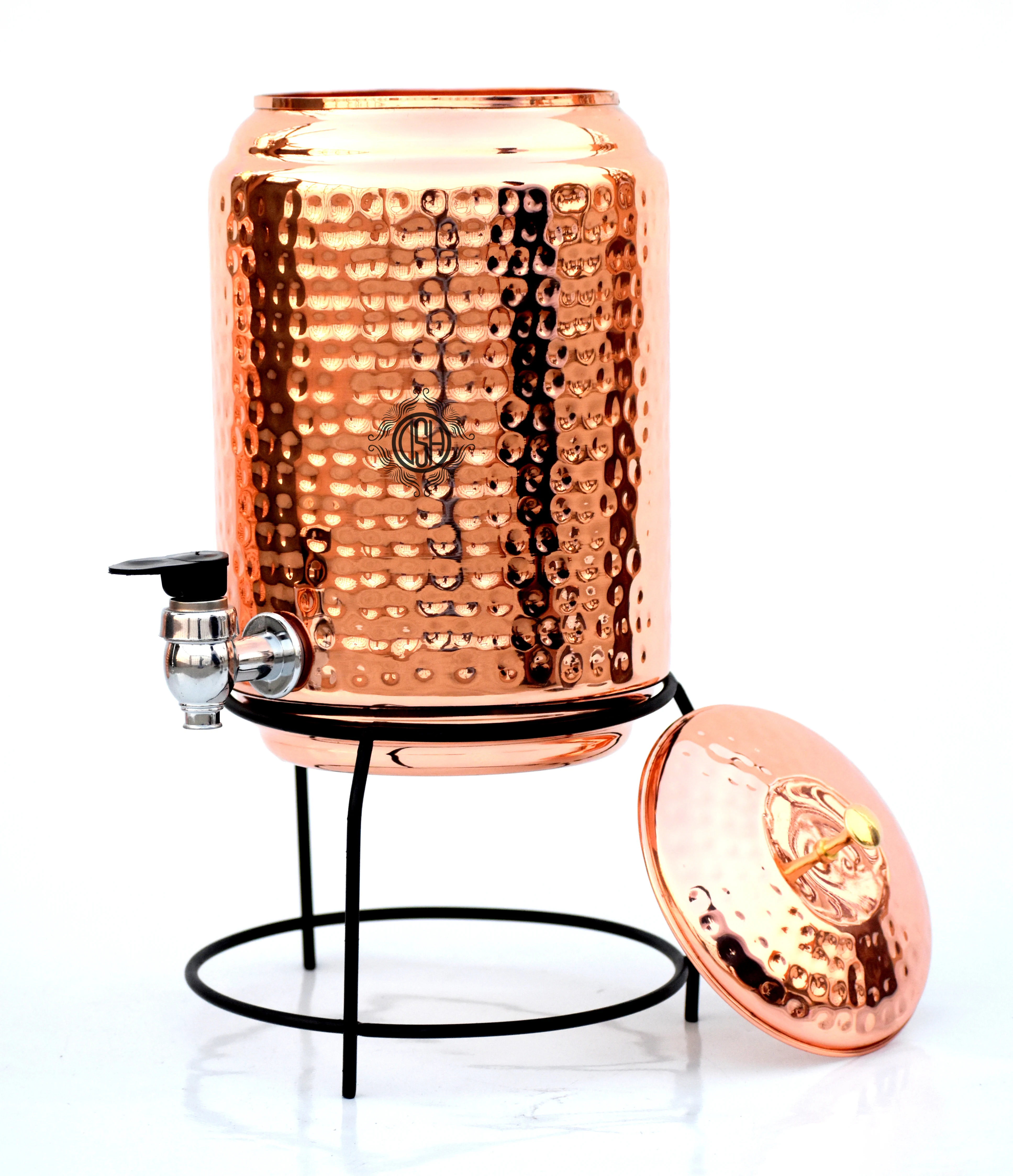 Wholesale Hammered Finished Pure Copper Water Dispenser Drinking Accessories With Glass & Stand Water Capacity 5 LTR Water Tank.