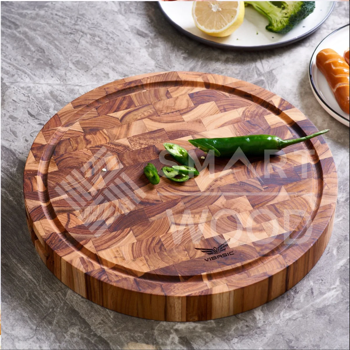 WHOLESALE PRICE - TEAK ROUND END GRAIN WOOD CHOPPING BLOCK GOOD QUALITY WITH HOLES NATURAL COLOR FOR KITCHEN