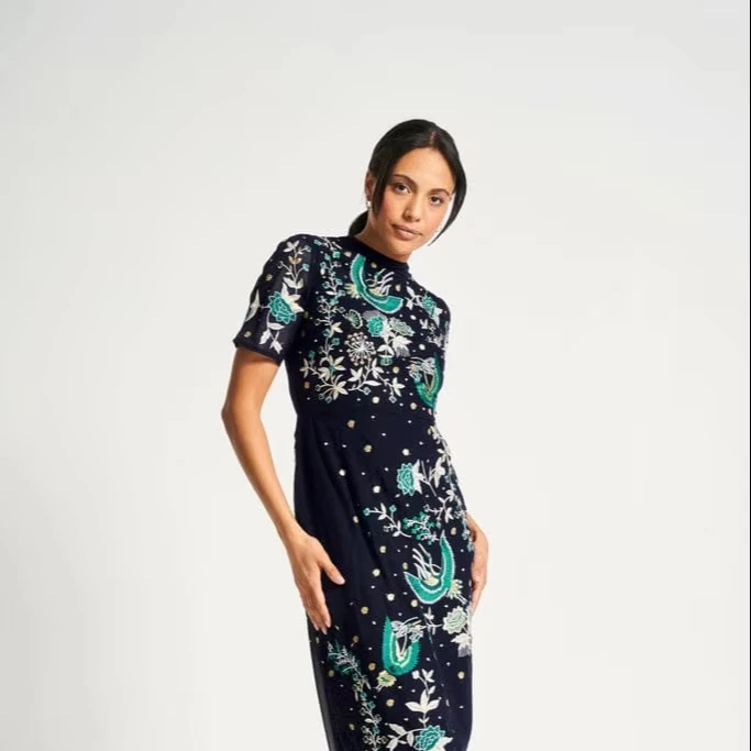 Fully Embellished petal column gown  neck and flutter cape sleeve Hand Embroidered By chandni Export