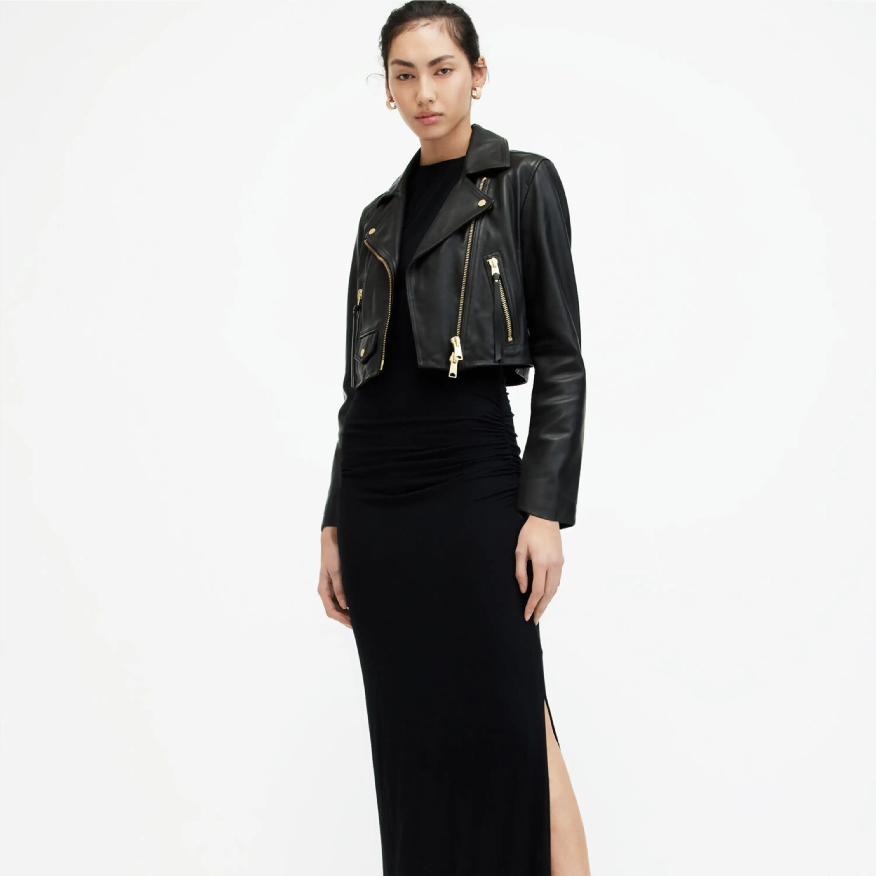 Real Leather Sheepskin Zipper Flashback Black Women Biker Jacket with Quilted Viscose Lining and Inside Outside Pockets