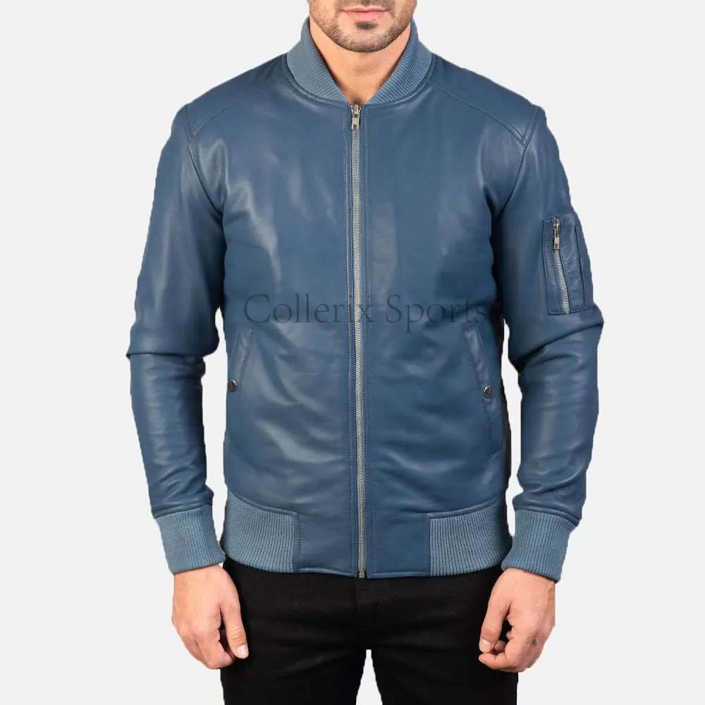 Best Wholesale Price Custom Blue Leather Jacket High Casual Winter Style Zipper Closure Stand Collar Small Pocket Left Arm Solid