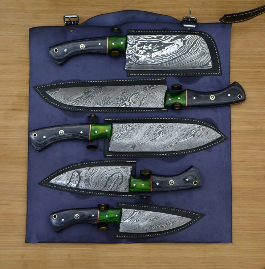 Custom Handmade Damascus Chef set Of 5pcs With Leather Cover Kitchen Knife Damascus Knife Set Kitchen knives set