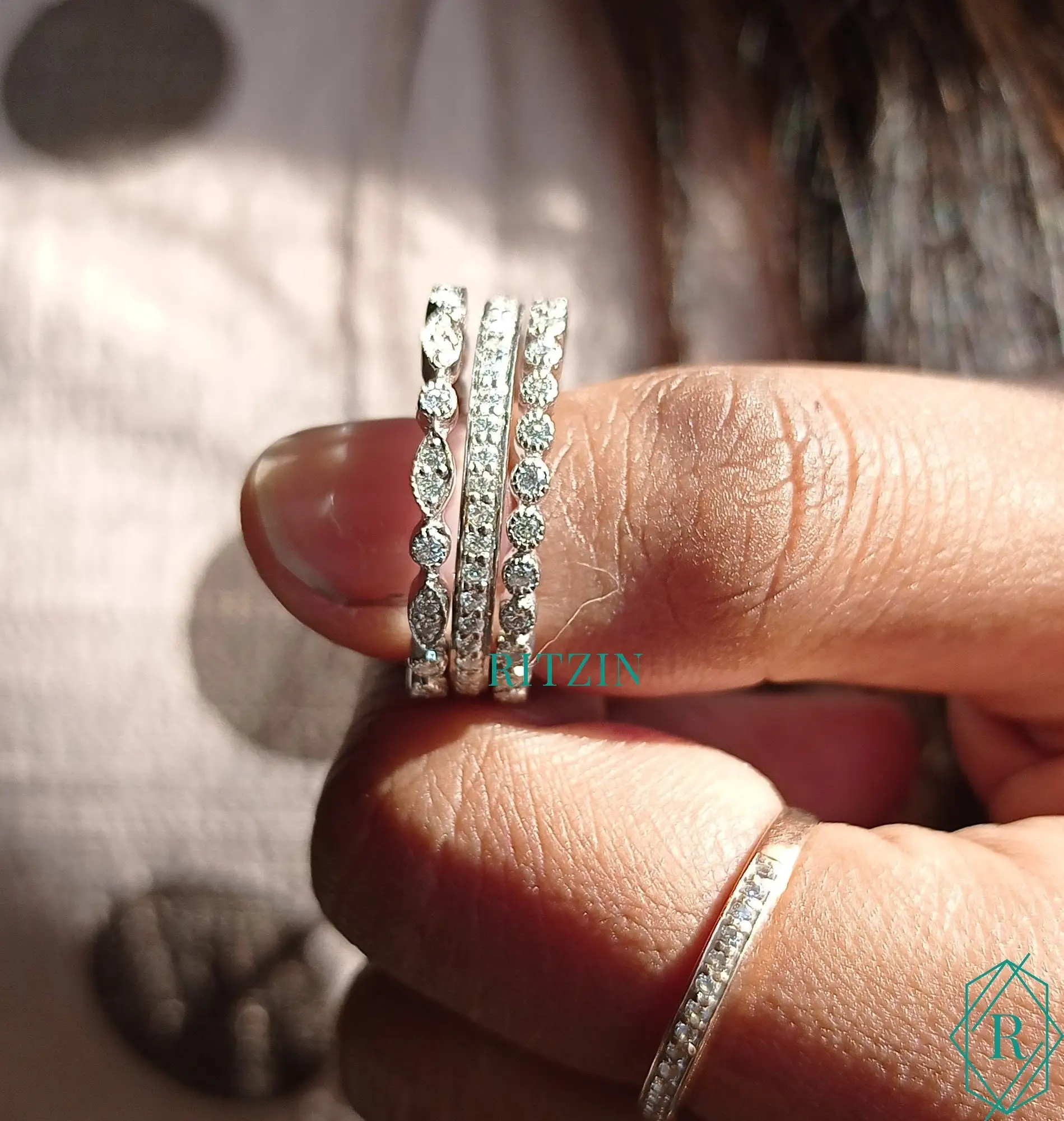 Round Cut Moissanite Diamond Three Set Layer Ring, Art Deco Engagement Ring