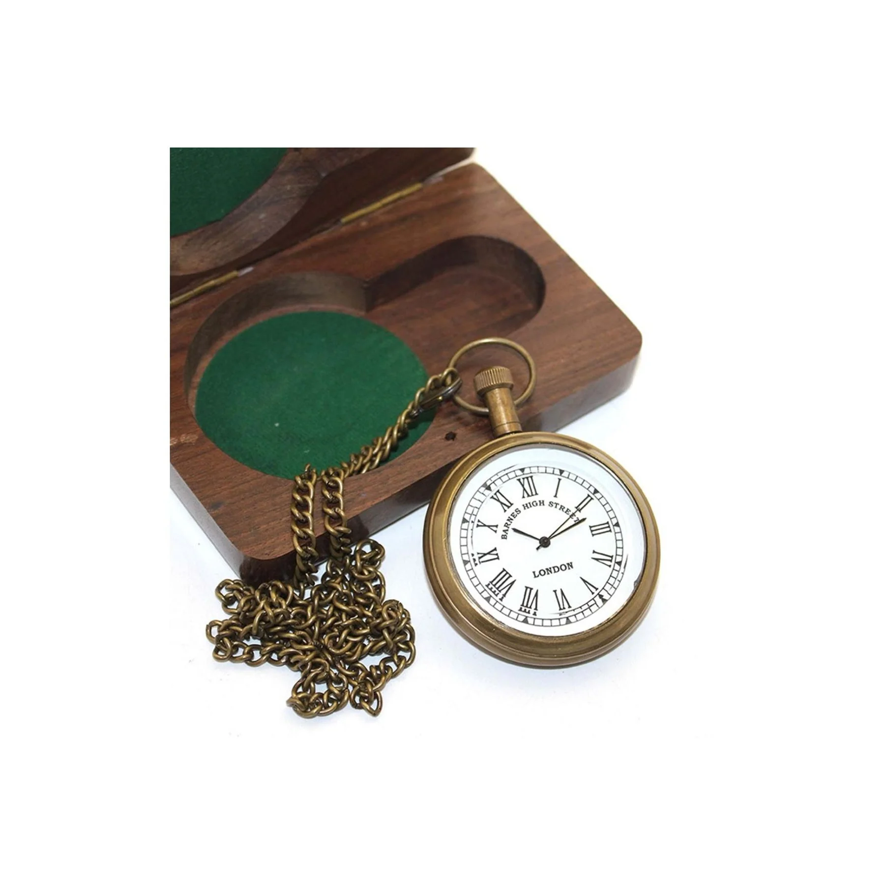 Barnes High Street Brass Pocket Watch in Wooden Box