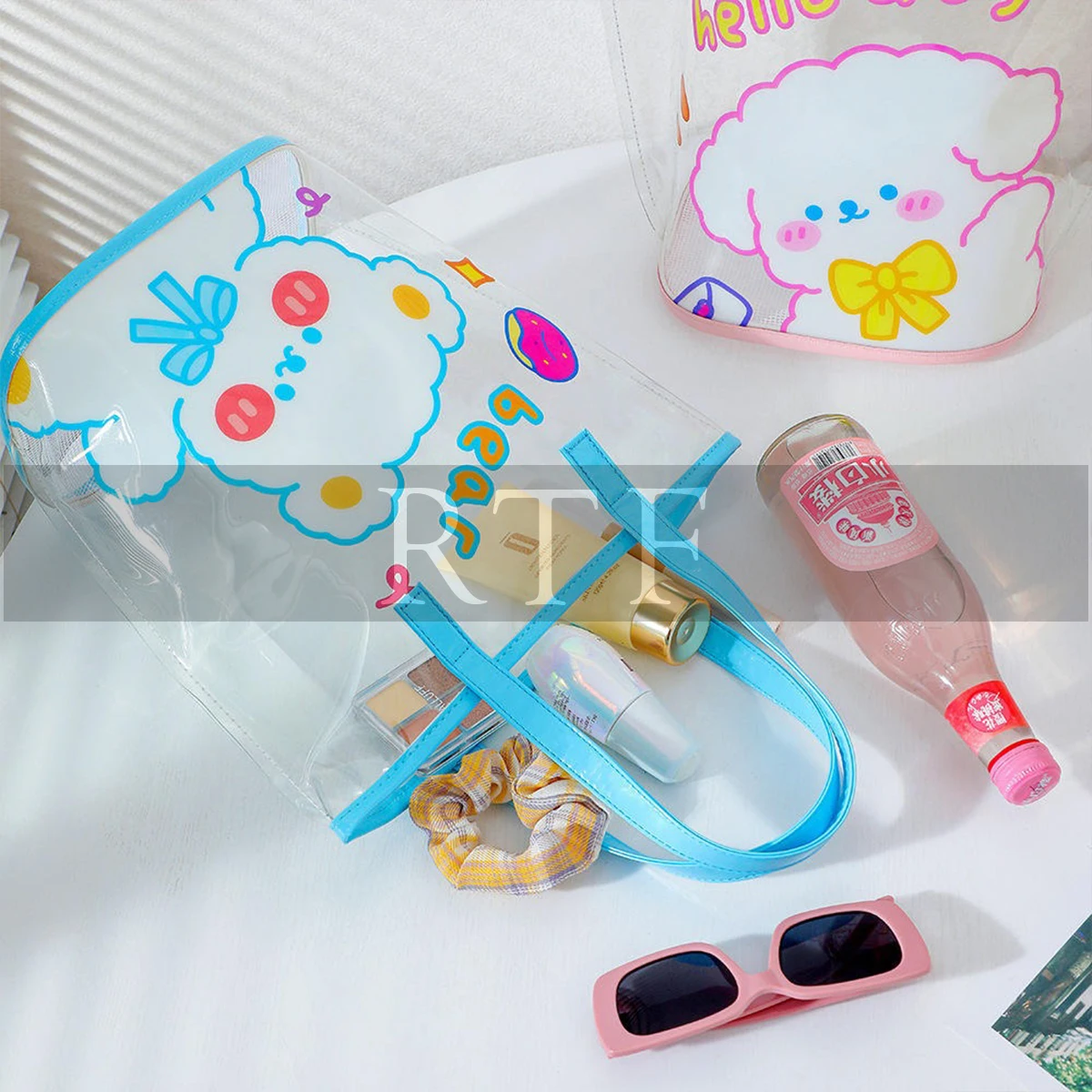 Summer new cartoon transparent PVC handbag girl Jelly shoulder bag large capacity can drain net bottom beach bag by Raw to Fine