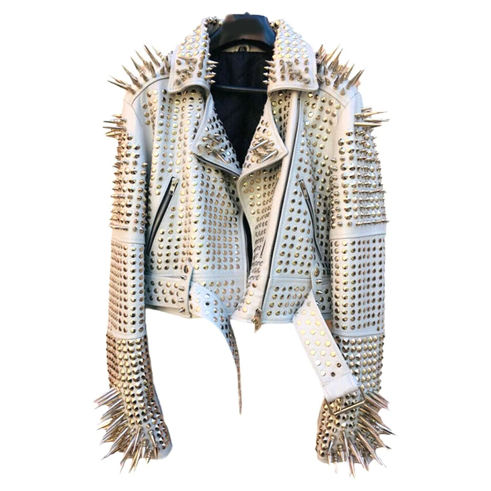 Zipper Design Wholesale Woman Leather Clothes Biker Motorcycle Punk Studded Real Leather Jacket for women