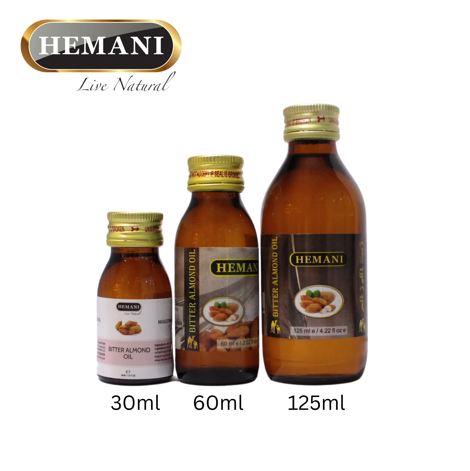 100% Pure & Organic Cold Pressed Hemani BITTER ALMOND OIL, Hair Face Body Skin Cosmetics, Sizes - 30ml 100ml 500ml 1 Liter Bulk