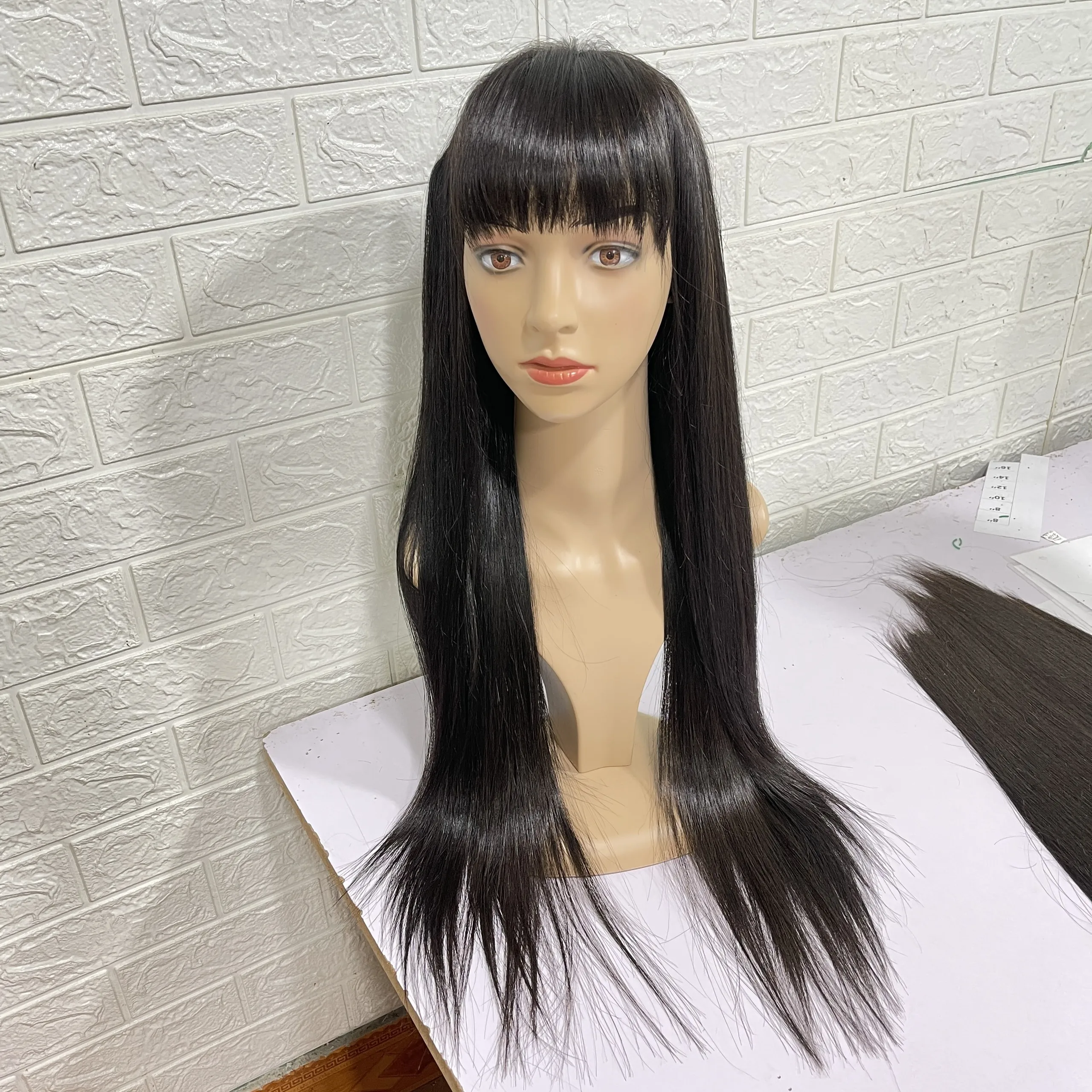 100% REAL HUMAN HAIR Straight Bones, Wig With Front Bangs
