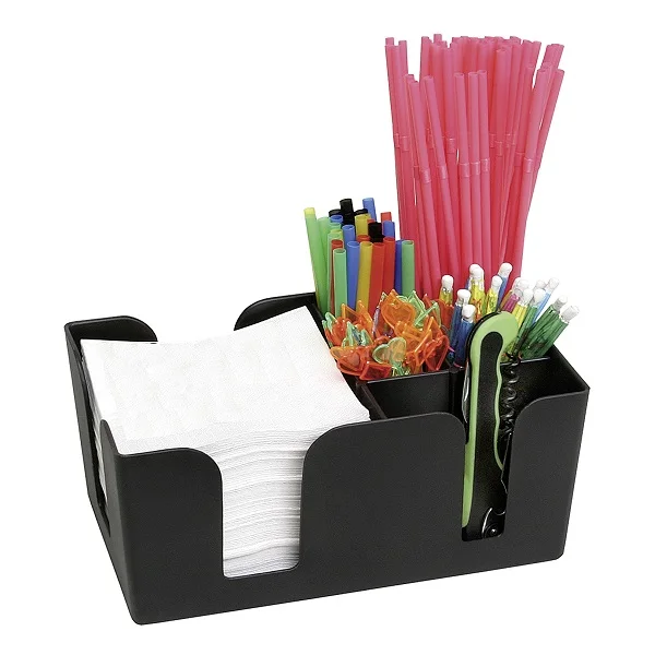 Black Plastic Bar Caddy Organizer with 6 Compartments for Napkins Toothpicks Straws
