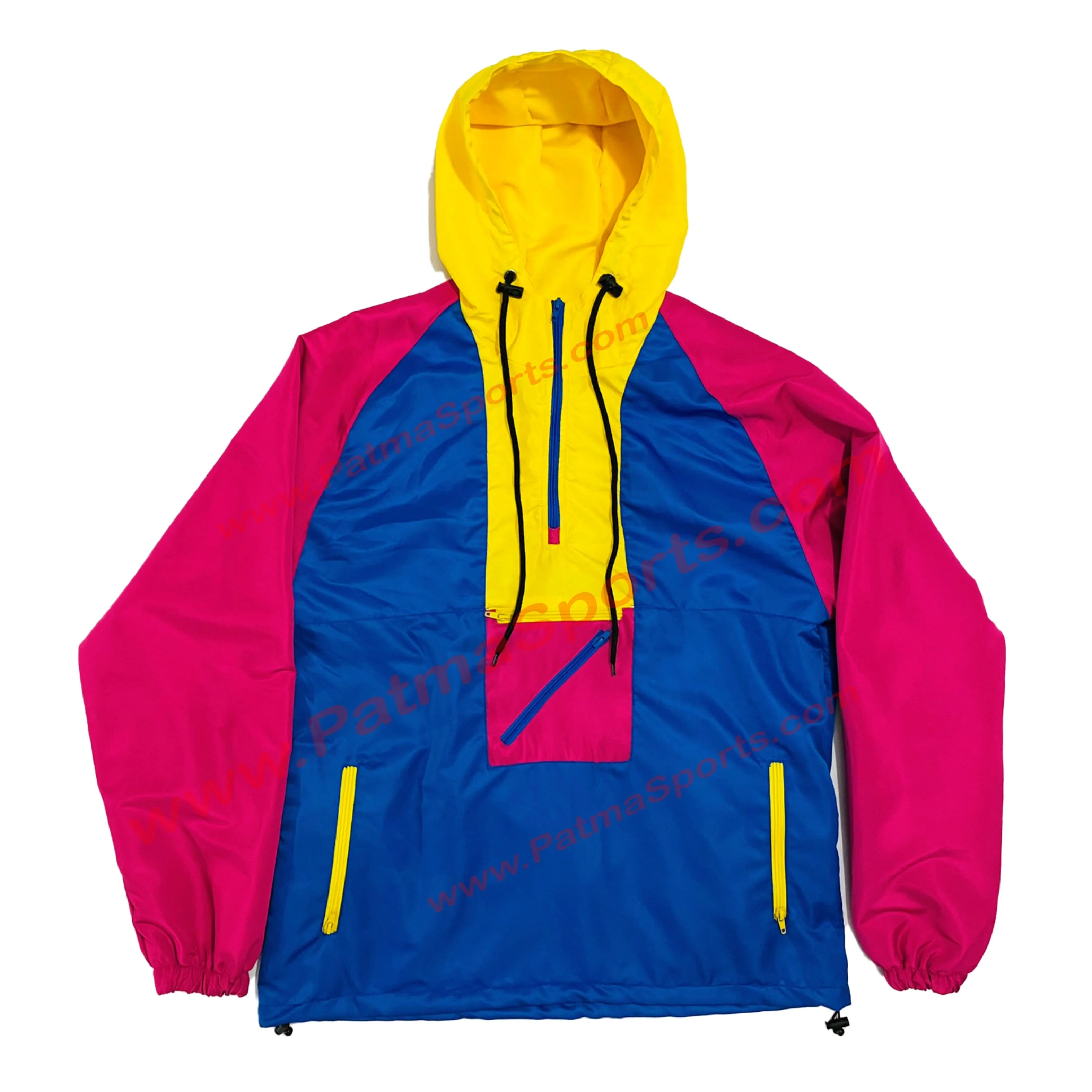 Multi Cargo Pockets Blue Yellow and Pink Combination Windbreaker Rain with customize logo Tags and printing on it OEM ODM