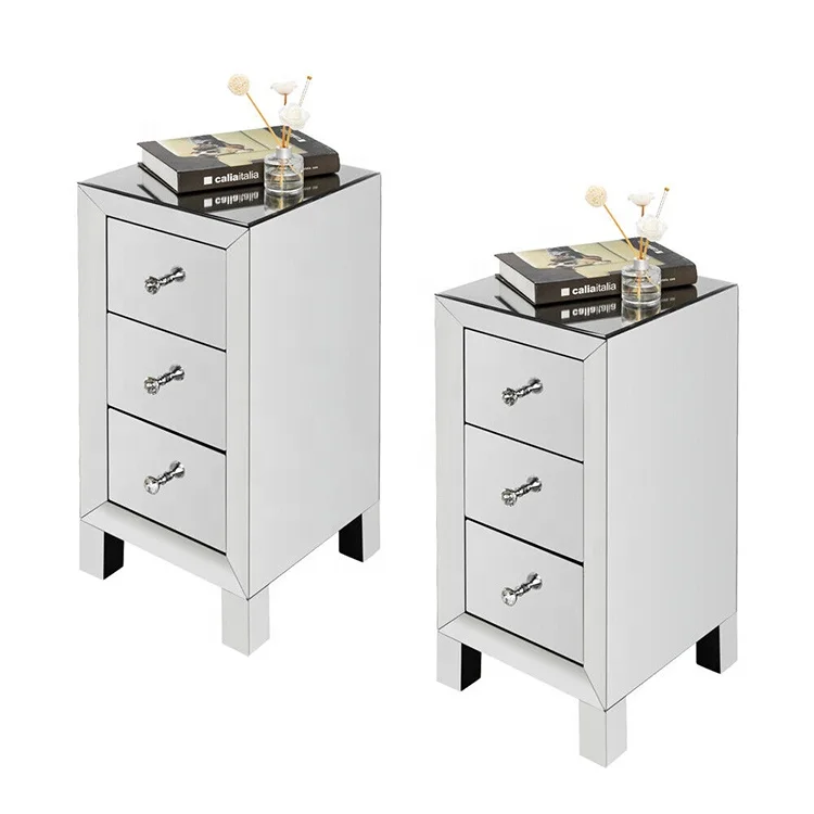 Manufacturer 3 Drawer Accent End Table De Chevet Miroir Bedroom Silver Mirrored Nightstand Set of 2
