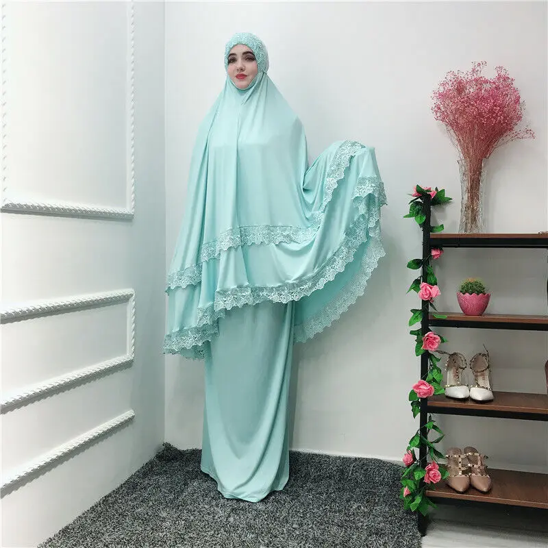 Ramadon collection prayer two piece set hijab abaya dress with lace design jilbaba telekung
