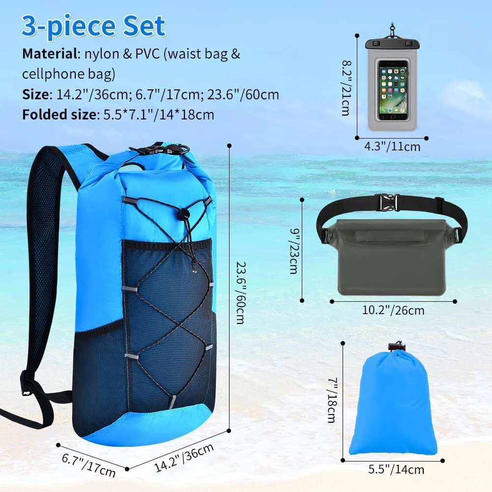 outdoor 4pcs waterproof dry bag backpack set, large Universal waterproof phone case,waterproof fanny pack for kayaking hiking