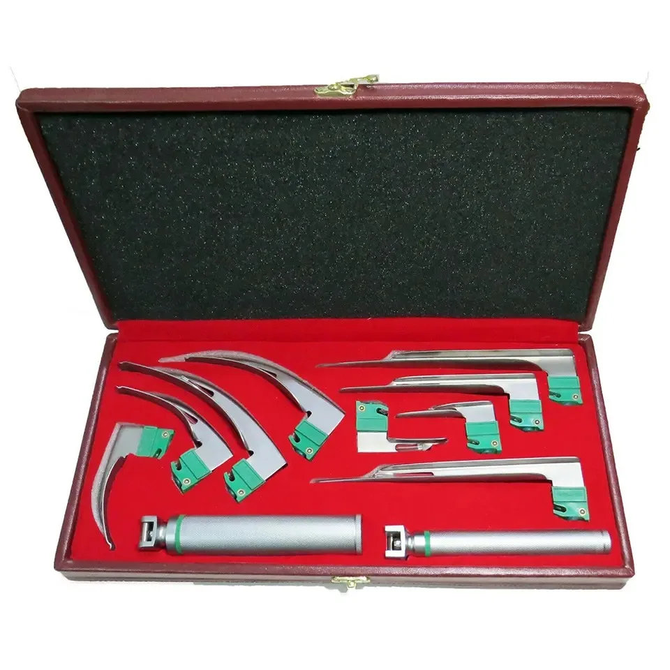 Laryngoscope Wholesale Price New Original Fiber Optic Laryngoscope Mac Set of 5 Blades & Handles EMT Stainless Steel