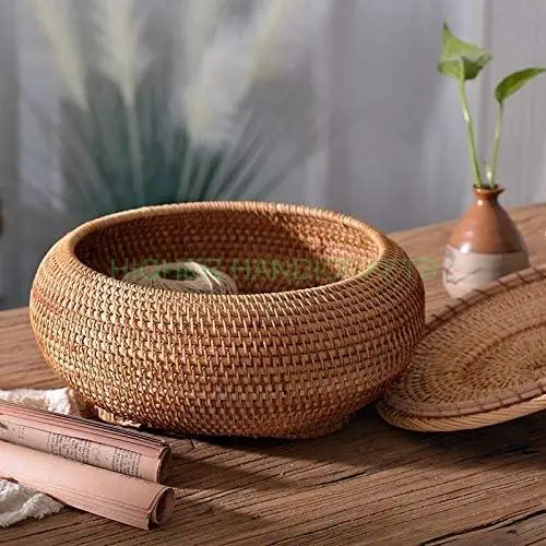 Round Rattan Boxes with Lid Hand-Woven Multi-Purpose Wicker Tray 8.5 Inch Picnic Food Bread Table Storage Basket