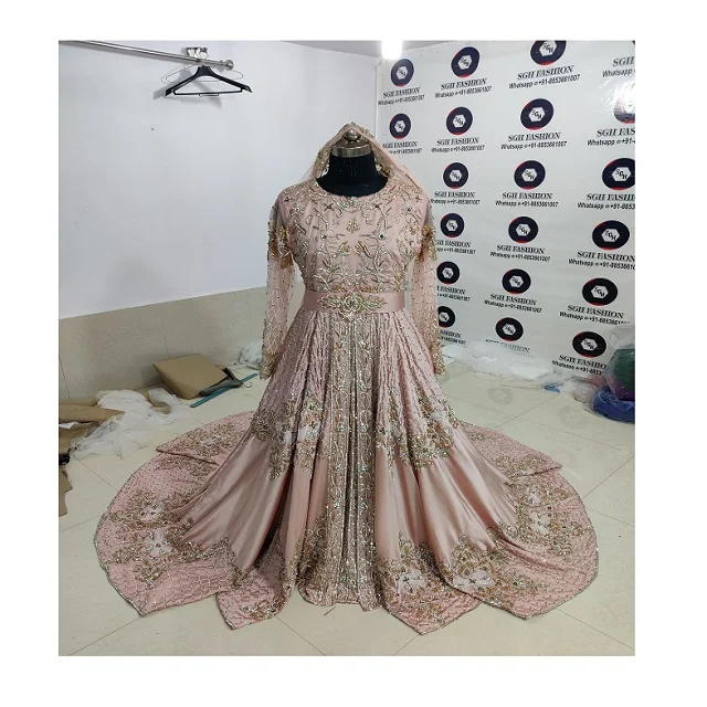 STYLISH & ELEGANT EMBROIDERY OF DABKA, CRYSTAL BEADS,GLASS STONE WORK ON BRIDAL  MOROCCAN KAFTAN WITH TRAIL KAFTAN DRESS