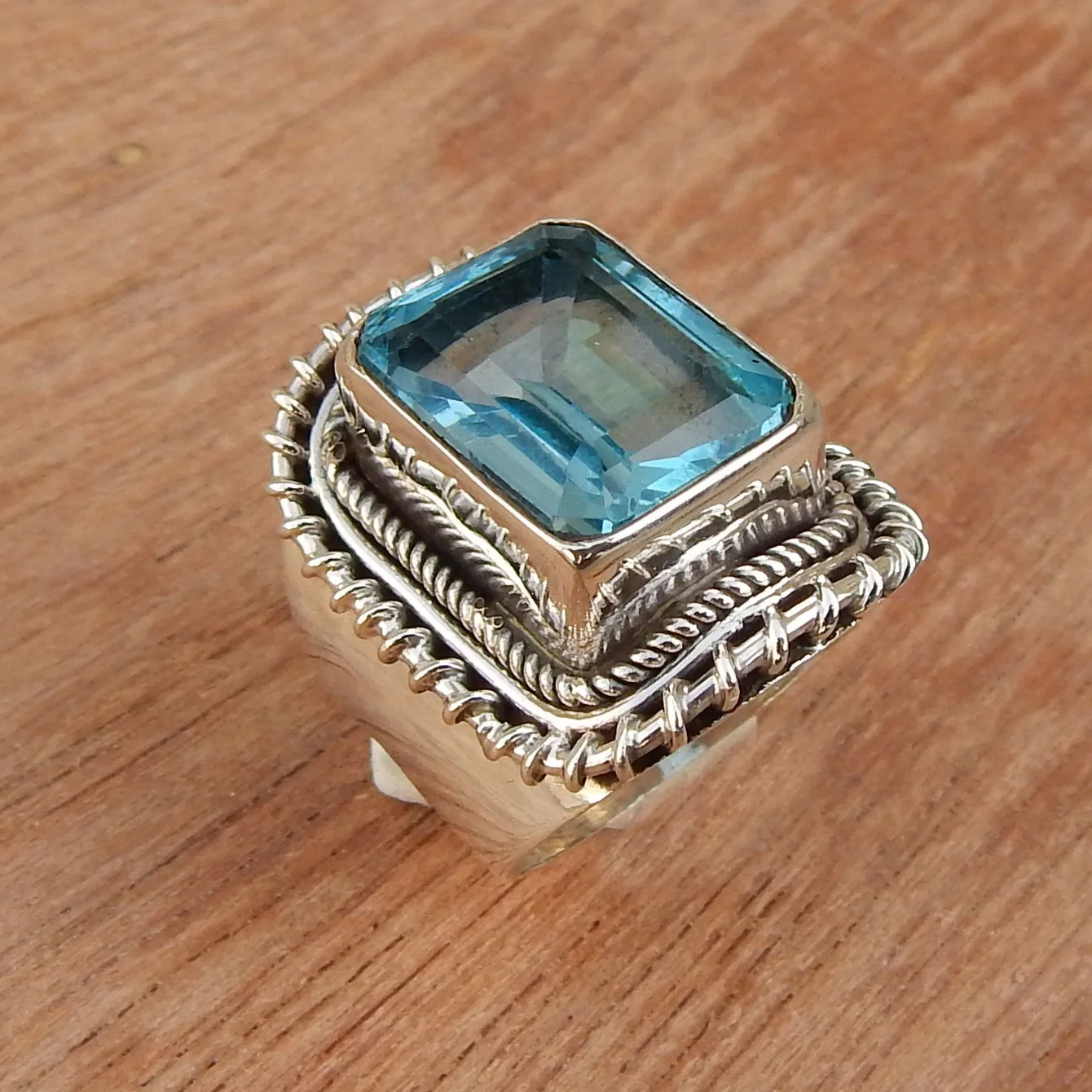 Handmade 925 Solid Sterling Silver Ring Octagon Cut Blue Topaz Gemstone Ring For Woman