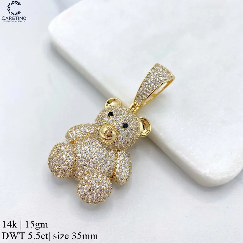 14K Yellow Gold Teddy Bear Pendant for Women Cute Diamond Charm Pendant with Real Garnet Eyes White Diamonds for Baby Girls