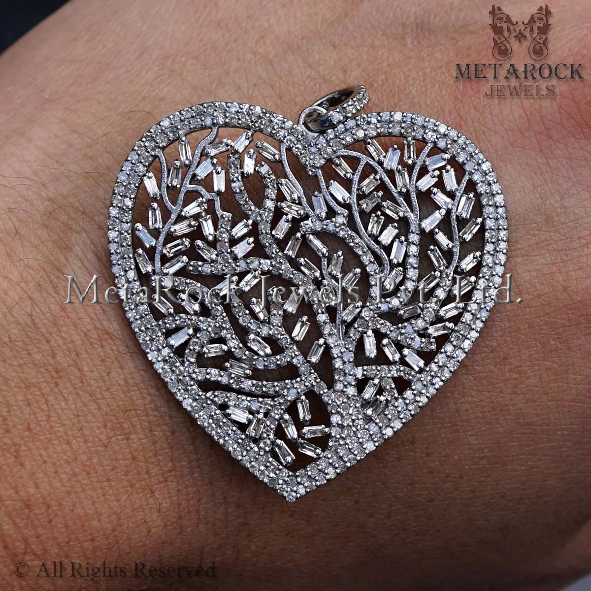 925 Sterling Silver Most Beautiful Tree Of Life Baguette Pave Diamond Luxury Heart Pendant