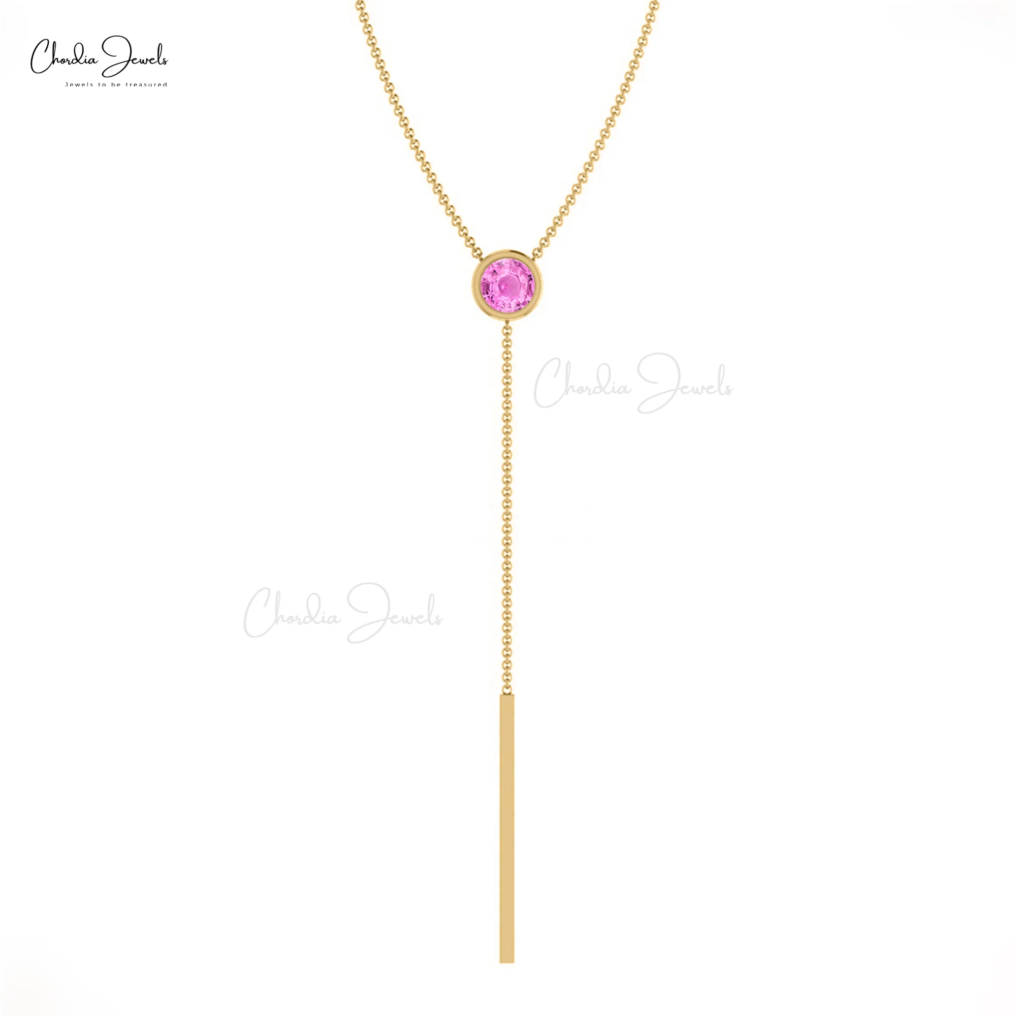 Best Selling Genuine Pink Sapphire Y Drop Necklace 14k Solid Gold Chain Bar Necklace 3.5mm Round Cut Gemstone Jewelry Min MOQ