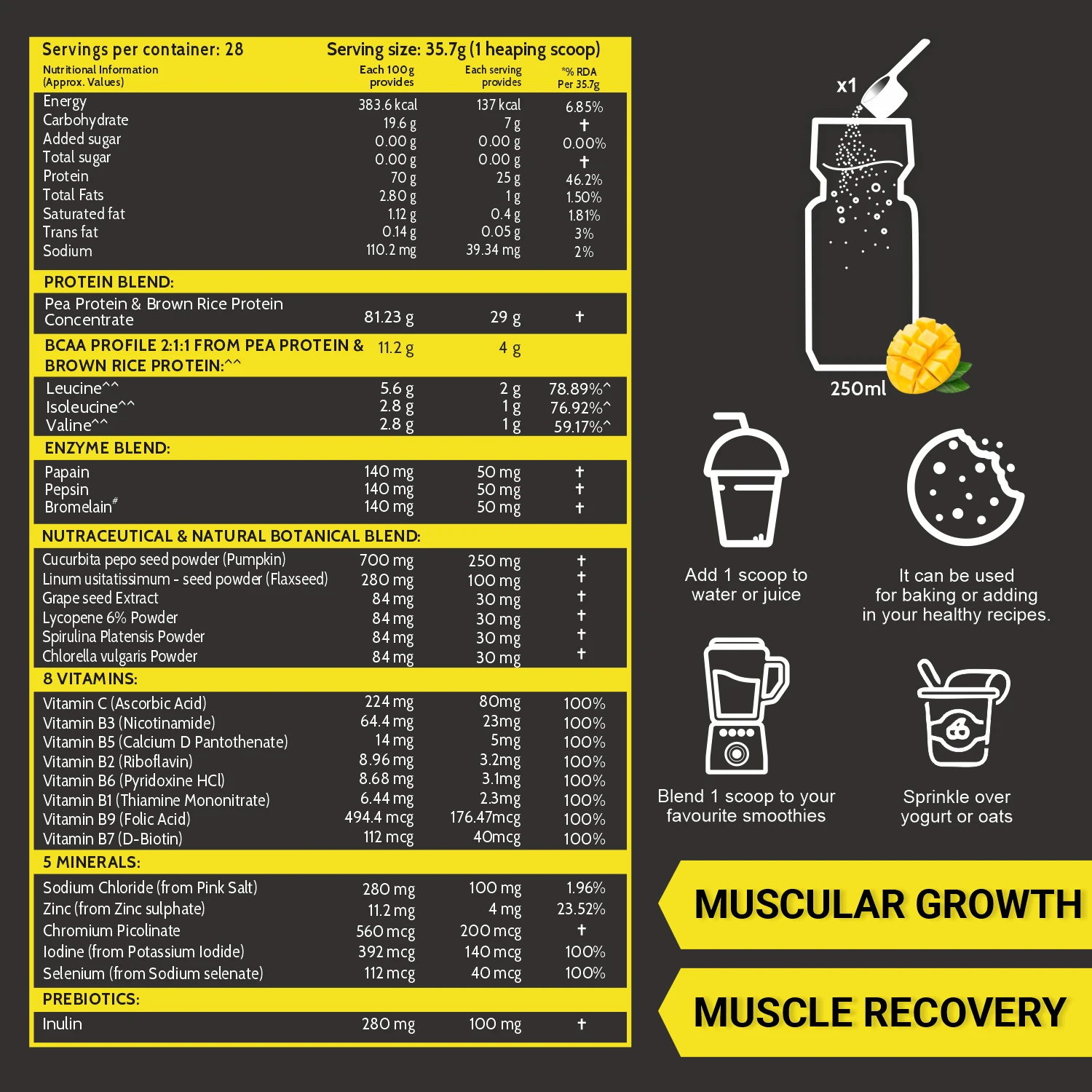 Vegan Protein Powder - Plant Based Pea Protein Powder with Multivitamin,Minerals,Superfoods, Digestive Enzymes - Alphonso Mango