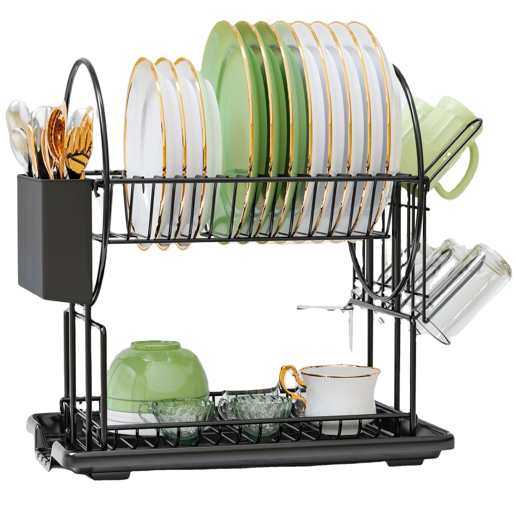 Dish Drainer Black 2-Tier Dish Drainer Stainless Steel Dish Drainer with Utensil Holder and Drip Tray