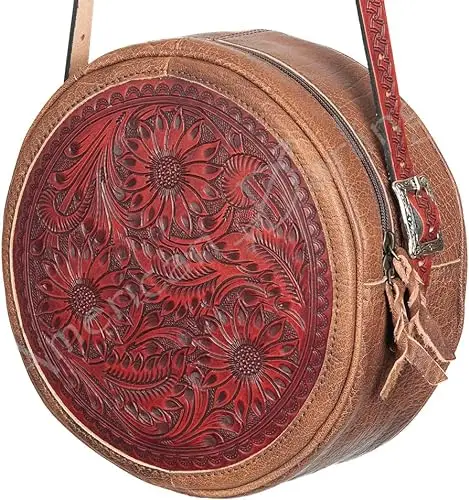 Round Bag High Quality Cowhide Floral Hand Tooled Designer Western Canteen Bag Hand Carving Bag At Best Price